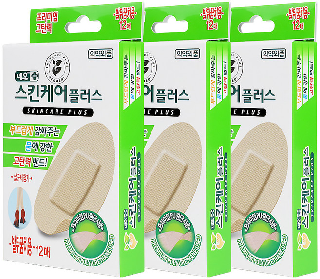 네오밴드 스킨케어플러스 생활방수 샤워가능 고탄력 PU원단 밴드 12p, 12개입, 3개
