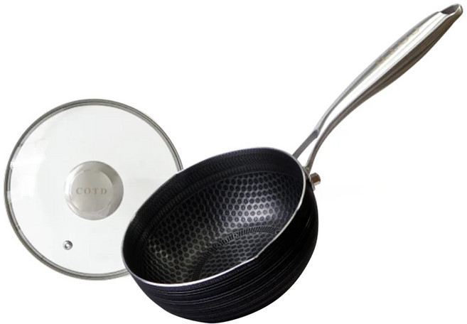 COTD 3D立體蜂巢單柄湯鍋 Set 1.5L 316L食品級不鏽鋼鍋身 鋼化玻璃鍋蓋 不鏽鋼手柄, 18cm, 1個, 銀色 + 黑色 + 透明色