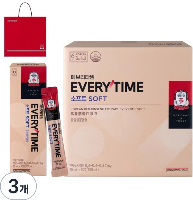 에브리타임 소프트 홍삼 10ml x 30포 + 쇼핑백, 300ml, 3개 - 쿠팡
