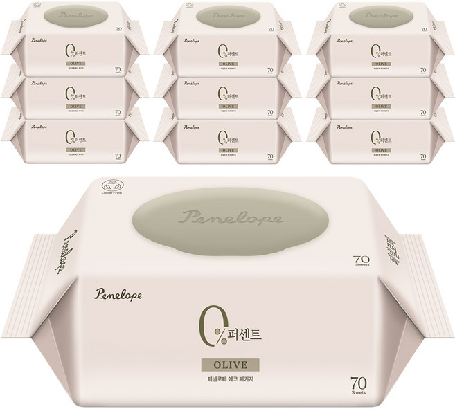 페넬로페 0퍼센트 올리브 아기물티슈 캡형, 10개, 70매, 85g