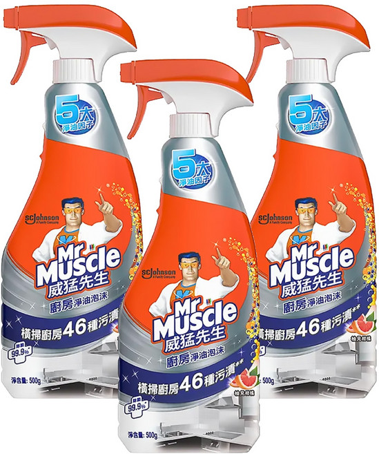 Mr Muscle 威猛先生 廚房淨油泡沫 噴清瓶, 500g, 3瓶