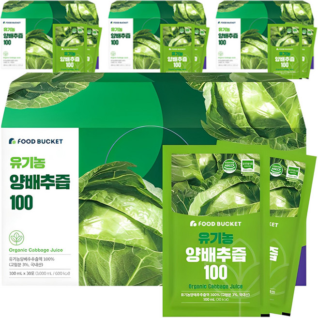 푸드버킷 국내산 유기농 양배추즙 100, 3L, 4개