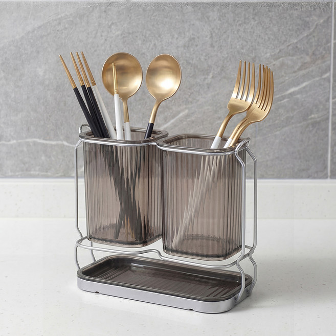 마메 물빠짐 심플 2구 수저통, 그레이, 1개