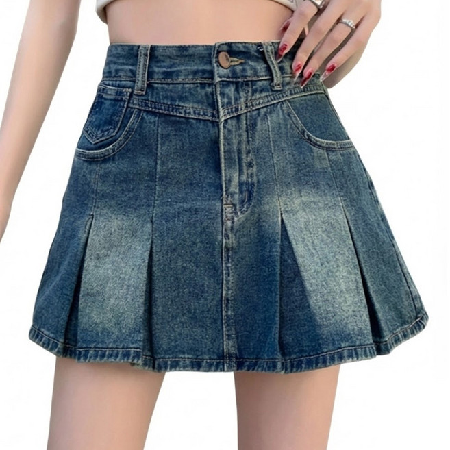 復古A字百褶牛仔短裙