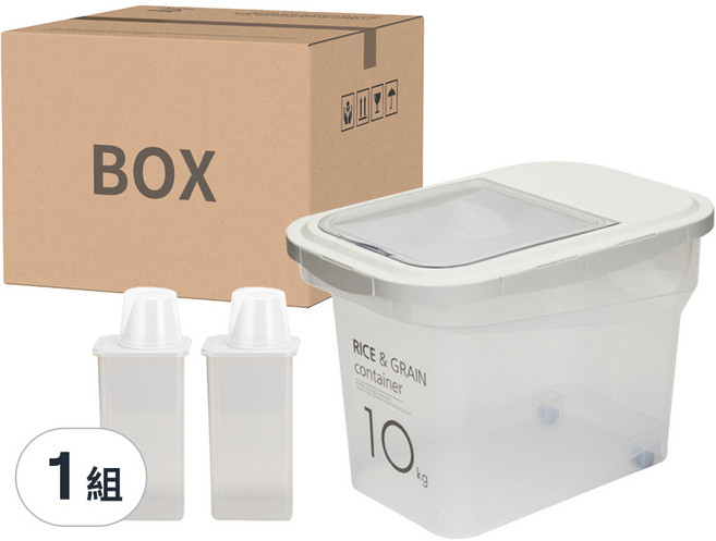 cimelax 密封儲米箱10kg + 穀物密封保鮮罐1.3L 2個, 透明象牙白色, 1組