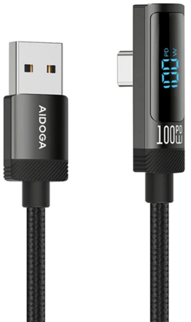 AIDOGA 艾迪伽 閃耀系列 USB-A-Type-C L彎頭數顯充電傳輸線 100W DC4281, 1個, 鈦灰色, 120cm