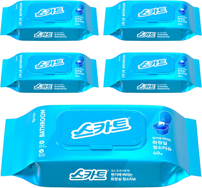 스카트 변기에 버리는 화장실 청소티슈 40매, 5개