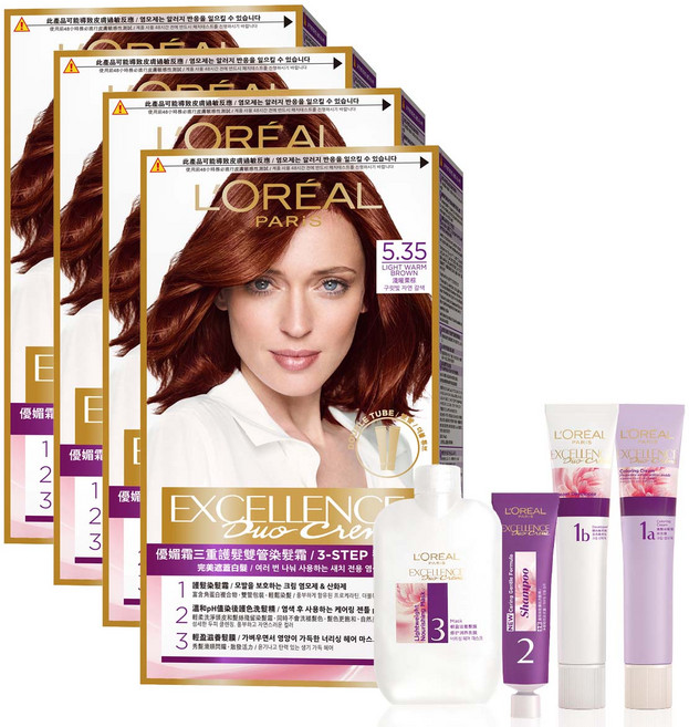 로레알파리 엑셀랑스 듀오크림 나눠쓰는 새치염색 염모제, 5.35호 라이트 웜 브라운, 4개