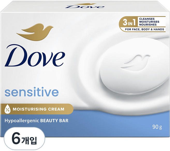 도브 센스티브 뷰티 바 클렌징 비누, 90g, 6개입
