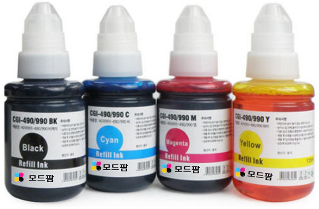 모드팜 캐논 대용량 PIXMA G3910 / G3900 / G2910 프린터 복합기용 호환잉크 4종 세트 GI-990, 검정, 노랑, 빨강, 파랑, 1세트