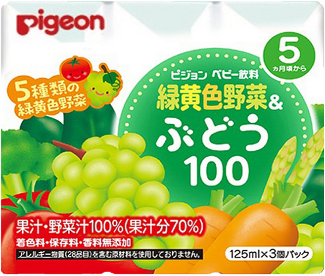 Pigeon 貝親 黃綠色蔬菜葡萄飲料, 125ml, 3個