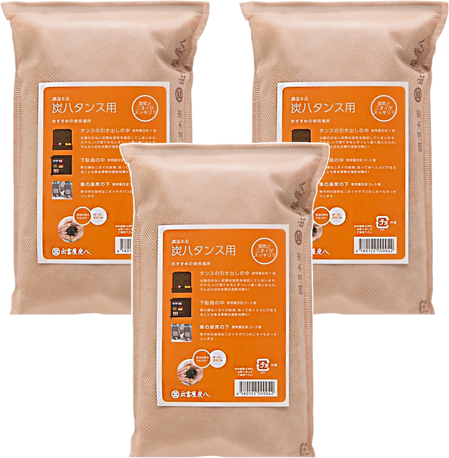 出雲屋炭八 櫥櫃專用寬版調濕木炭 中袋 象牙米 日本, 100g, 1L, 3個