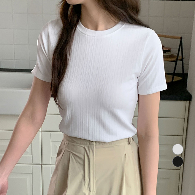 아피나르 여성용 슬림핏 골지 립 반팔 티셔츠