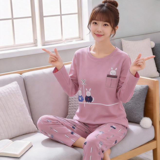 여성용 통기성 긴팔 실내복 상하의 세트 Vio0001