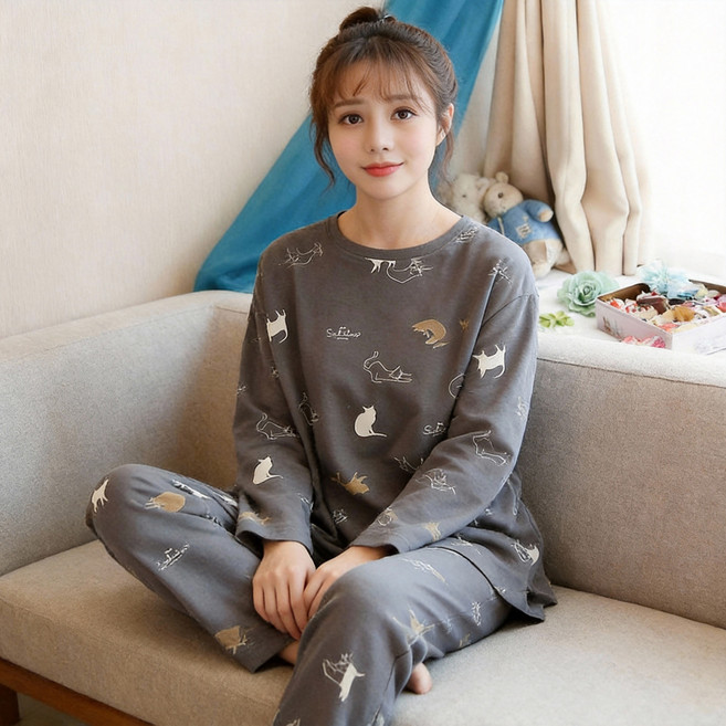 여성용 통기성 긴팔 실내복 상하의 세트 Vio0001