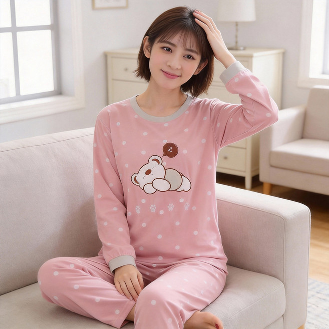 여성용 통기성 긴팔 실내복 상하의 세트 Vio0001