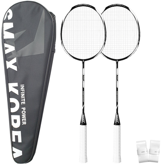 SmaxKorea 碳纖維羽球拍 2入 + 球拍袋 + 握把布 2入組 黑色, 單一商品, 1套