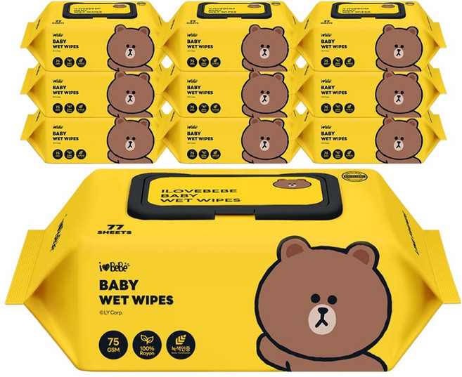 아이러브베베 라인프렌즈 브라운 영유아물티슈 캡형, 75g, 77개입, 10개