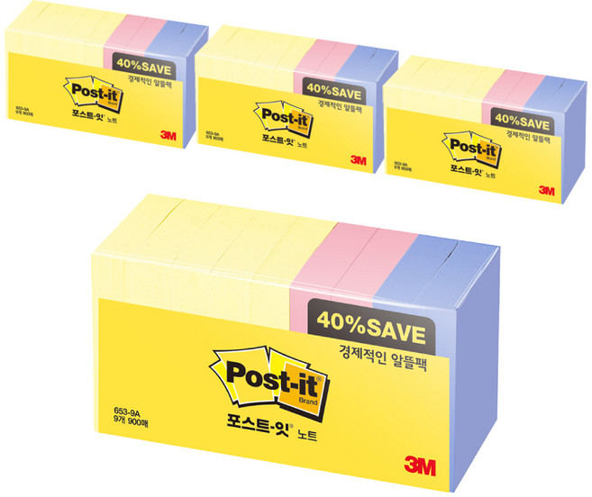 포스트잇 노트 패드 알뜰팩 653-9A 51 x 38mm, 혼합색상, 4개
