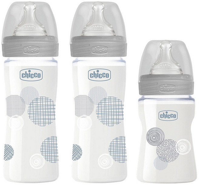 chicco 防脹氣玻璃奶瓶組 0個月以上 大*2+小*1, 1組, 透明 + 藍色