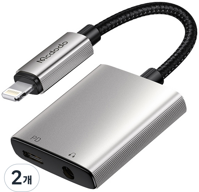 맥도도 8핀-8핀 충전 3.5mm AUX 오디오 듀얼젠더, 블랙, 2개, 12.5cm