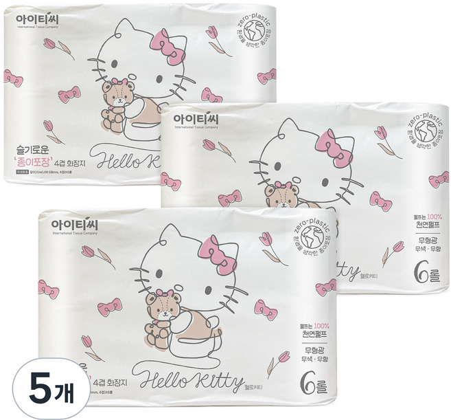 ITC 헬로키티 슬기로운 종이포장 천연펄프 4겹 양면더블데코 고급롤화장지, 20m, 6롤, 15개