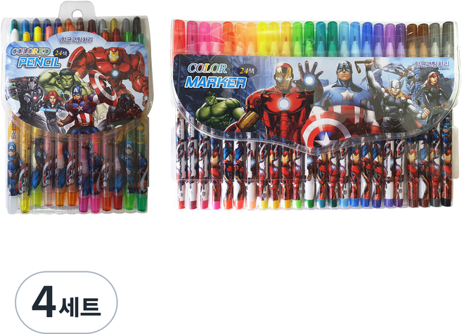 에이치엠플러스 마블 남아용 어벤져스 색연필 24색 + 사인펜 24색 문구 세트, 혼합색상, 4세트