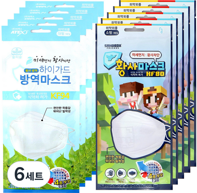 아텍스 하이가드 방역마스크 대형 KF94 5p + 샌드박스 도티 & 잠뜰 황사마스크 소형 KF80 5p, 6세트