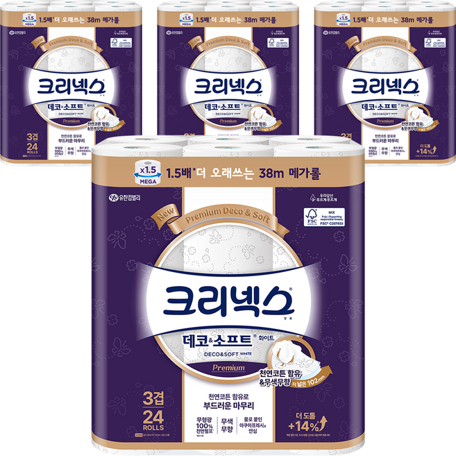 크리넥스 데코 앤 소프트 화이트 천연펄프 3겹 고급롤화장지, 38m, 24개입, 4개