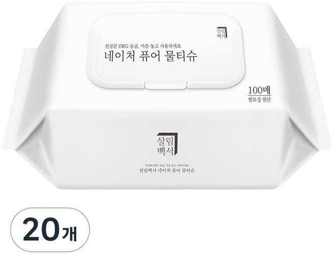 살림백서 네이처 퓨어 아기물티슈 캡형, 100매, 20개