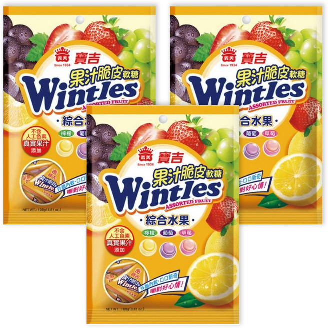 義美 果汁脆皮軟糖 綜合水果, 108g, 3袋