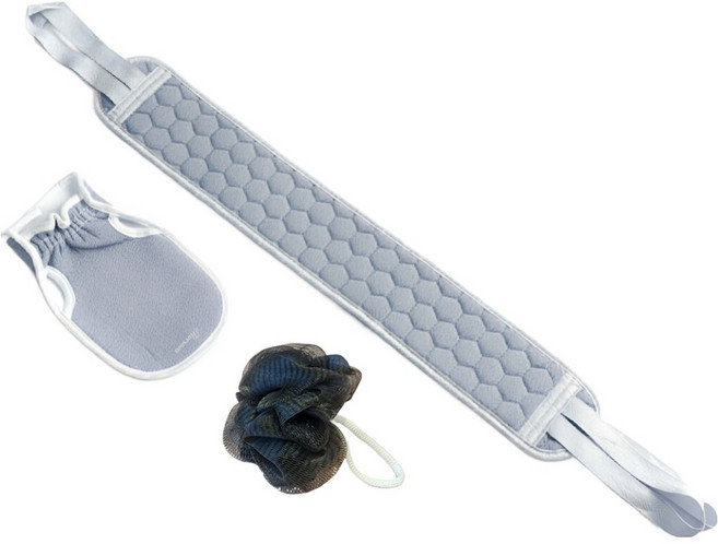 떼루와 목욕 샤워 각질제거 롱 때밀이 타올 + 때장갑 + 샤워볼 세트, 그레이, 1세트