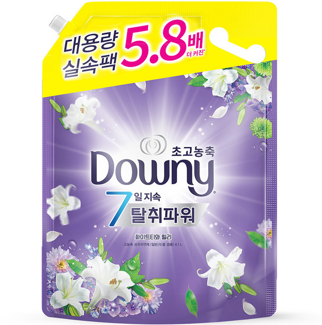 다우니 7일 탈취파워 초고농축 대용량 섬유유연제 화이트티와 릴리 리필, 4.1L, 1개