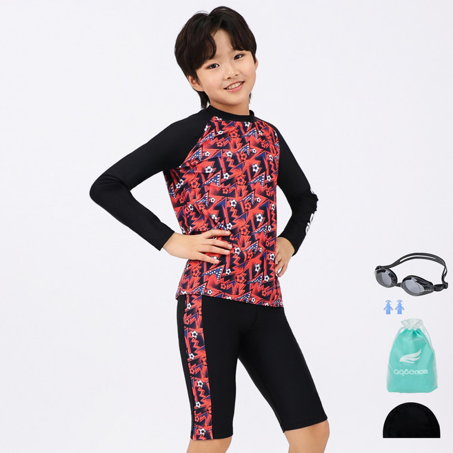 아쿠아티카 남성용 일반용 수경 래쉬가드 5종 세트 AQAJTP24002, 블랙(래쉬가드, 수모, 수경), 블루(귀마개), MINT(비닐백)