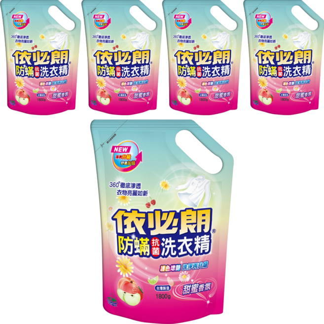 依必朗防蟎抗菌洗衣精補充包 甜蜜香氛 護色增豔配方 高效解垢 徹底洗淨不殘留, 1.8kg, 5包