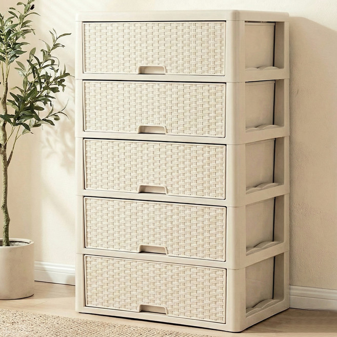 라탄 양면 수납장, 베이지, 5단