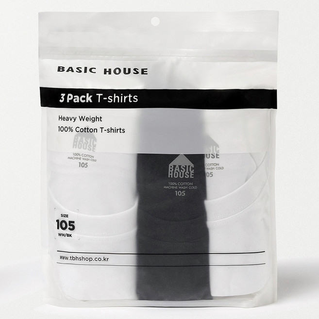 BASIC HOUSE 純棉重磅短袖T恤 3件組, 白色 + 黑色 + 白色