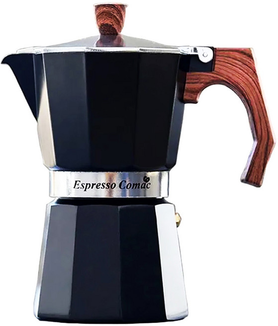 Comac 義式咖啡摩卡壺 3杯份, 1套, 黑色 + 銀色 + 木色