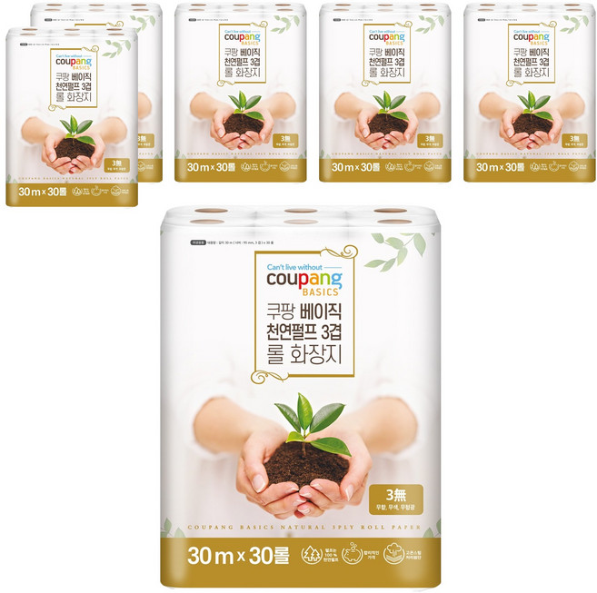 쿠팡 베이직 천연펄프 3겹 롤 화장지, 30m, 30개입, 6개