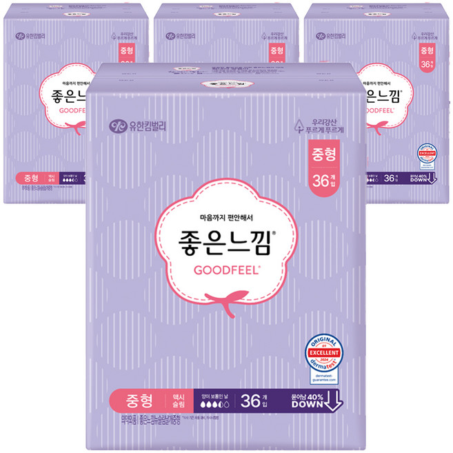 좋은느낌 오리지널 맥시슬림 생리대 날개형, 중형, 36개입, 4개