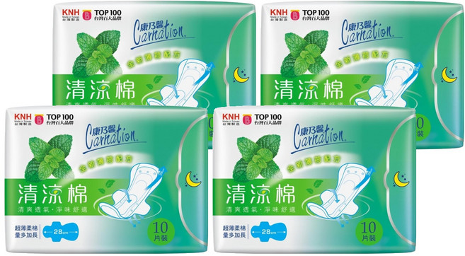 康乃馨 清涼棉衛生棉 量多加長, 28cm, 10片, 4包