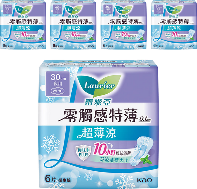 Laurier 蕾妮亞 台灣公司貨 零觸感特薄超薄涼衛生棉 特長夜用型, 30cm, 6片, 5包