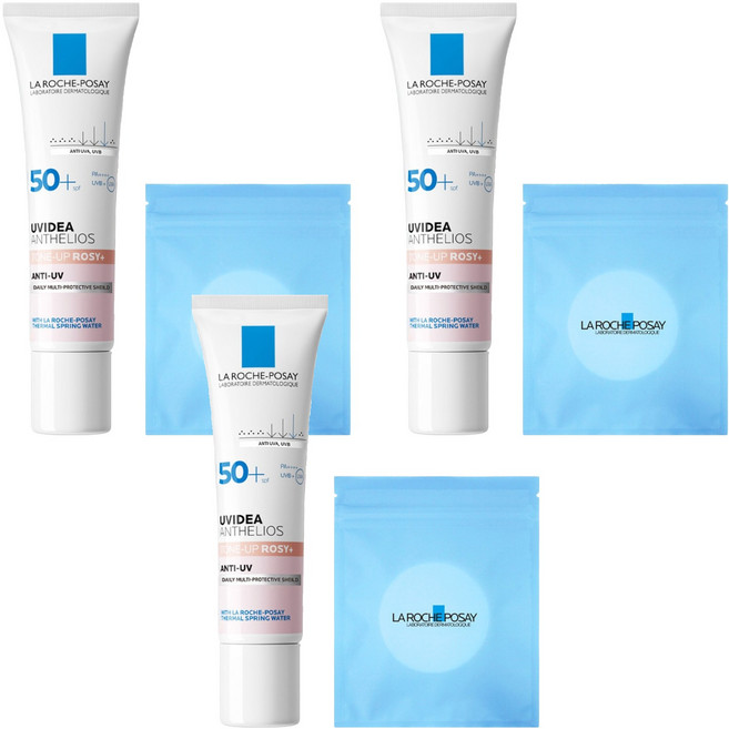 라로슈포제 유비데아 톤업 로지 플러스 글로우 선크림 SPF50+ PA++++ 30ml + 화장솜 30p 세트, 3세트