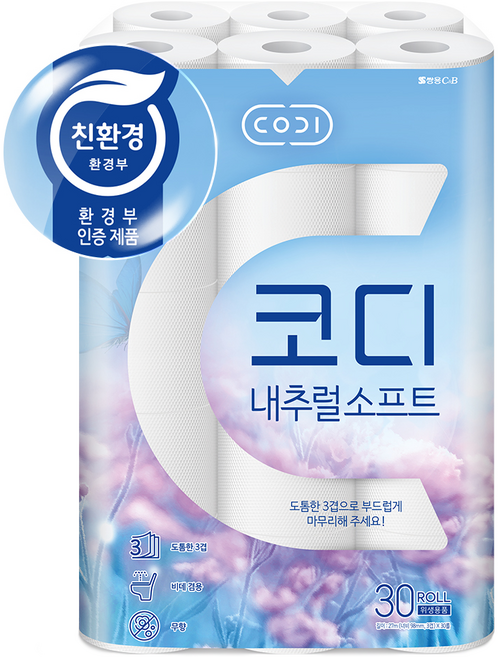 코디 내추럴소프트 3겹 롤화장지, 27m, 30롤, 1개