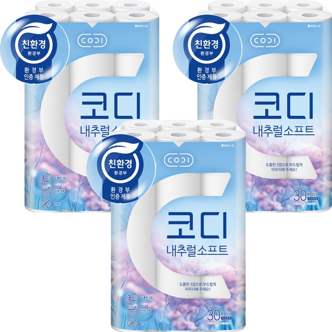 코디 내추럴소프트 3겹 롤화장지, 27m, 30롤, 3개