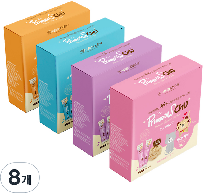 CY요셉트레이딩 고양이 수분 충전용 간식 프리미요 츄 10g x 30p, 참치, 참치 + 연어 혼합맛, 참치 + 새우 혼합맛, 참치 + 닭고기 혼합맛, 8개