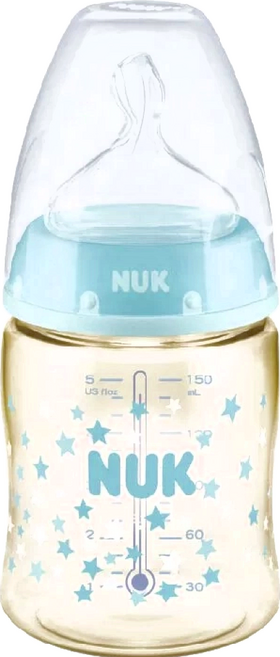 NUK 寬口徑PPSU感溫奶瓶 適合0-6個月寶寶 感溫防燙 耐摔 防脹氣, 顏色隨機, 150ml, 1個