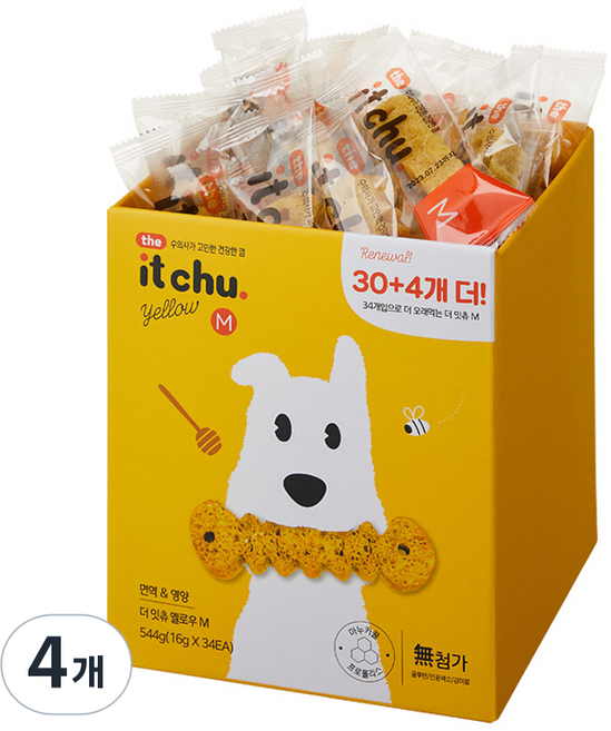 잇츄 The 잇츄 덴탈 개껌 옐로우 M 34p, 혼합맛(밀웜/마누카꿀), 544g, 4개