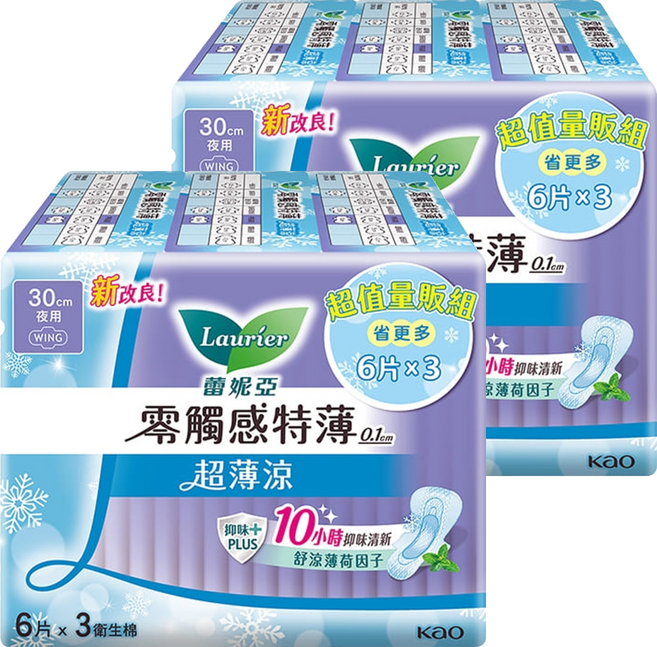 Laurier 蕾妮亞 台灣公司貨 零觸感特薄超薄涼衛生棉 特長夜用型, 30cm, 6片, 6包