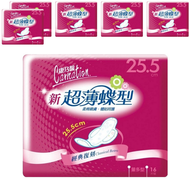 康乃馨 新超薄蝶型衛生棉 護翼型, 量多型(25.5cm), 16片, 6包